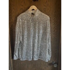 HM Silver Sequin Long‎ Sleeve Top Mock Neck Open Back Blouse L/XL Holiday Party